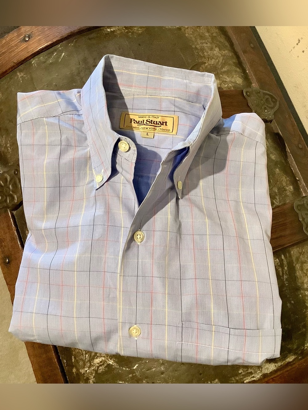 Paul Stuart Cotton Dress Shirt - Blue windowpane pattern - Sz Large